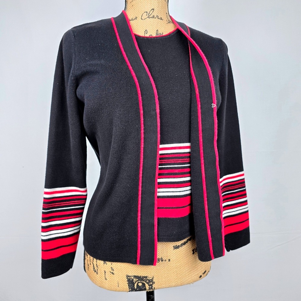 Designers Originals Womens Large Black Pink Striped Cotton Cardigan Shell Set